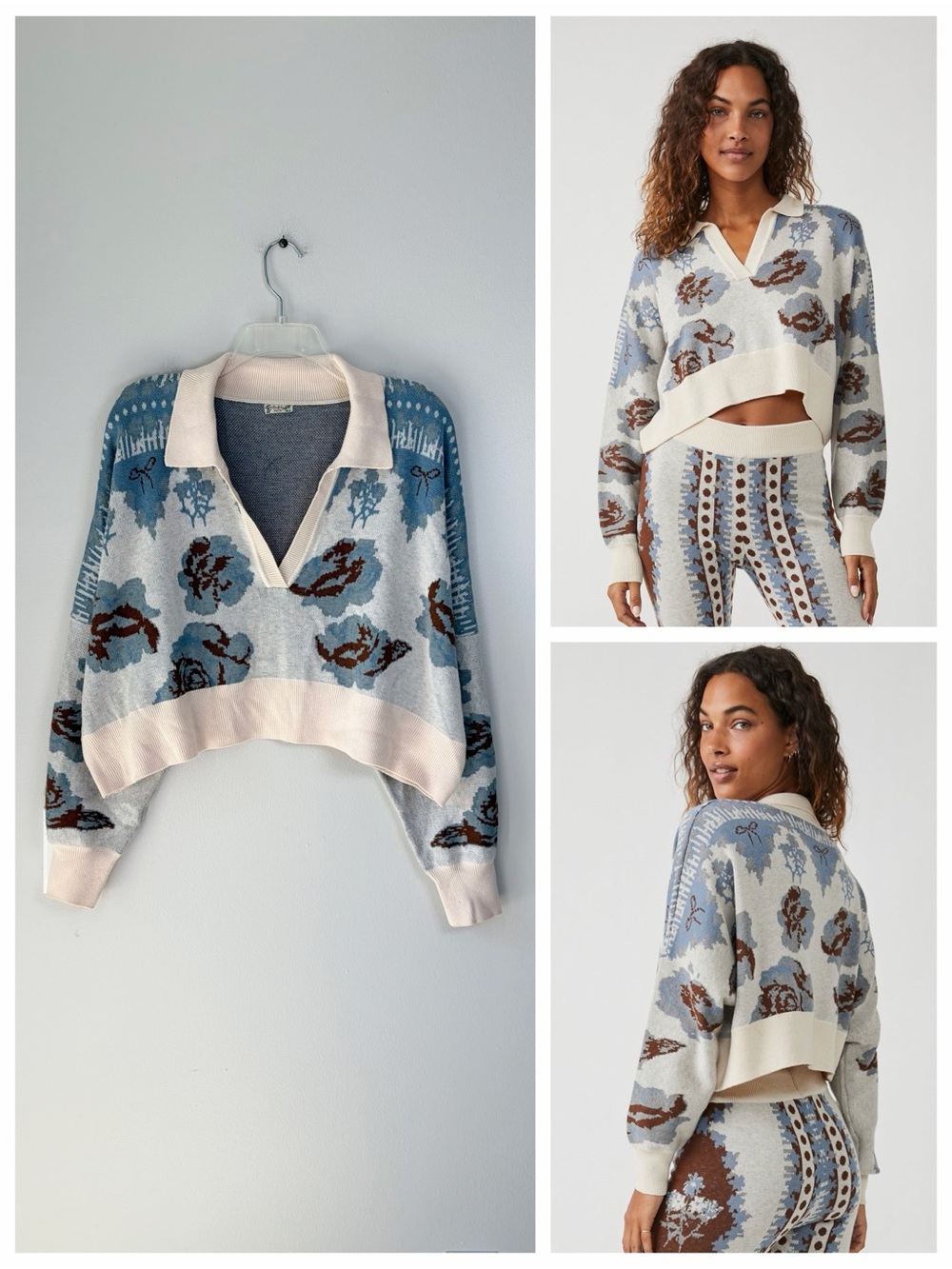 Intimately Free People Fuzzy Feeling Blue/Cream Floral Bow Cropped Polo Sweater